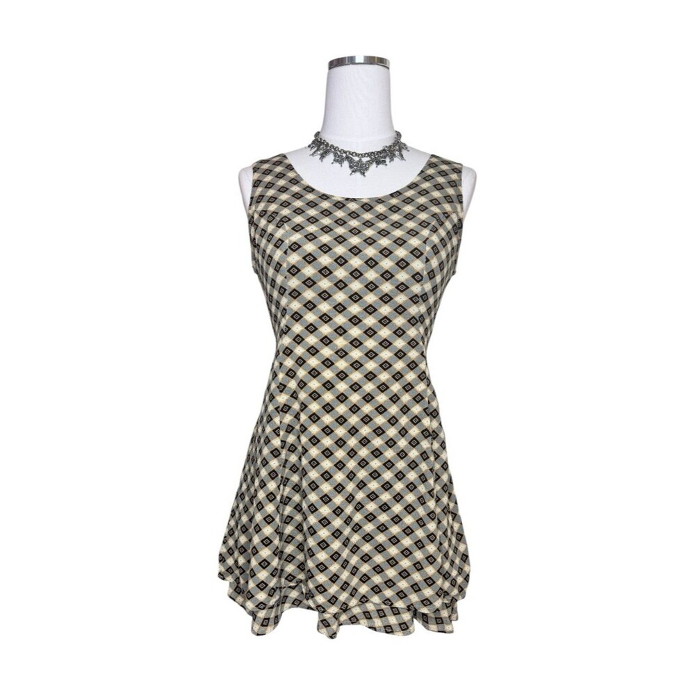 Y2K Shok Tan, Blue + Black Gingham Flower Print Micro Mini Dress Size Small